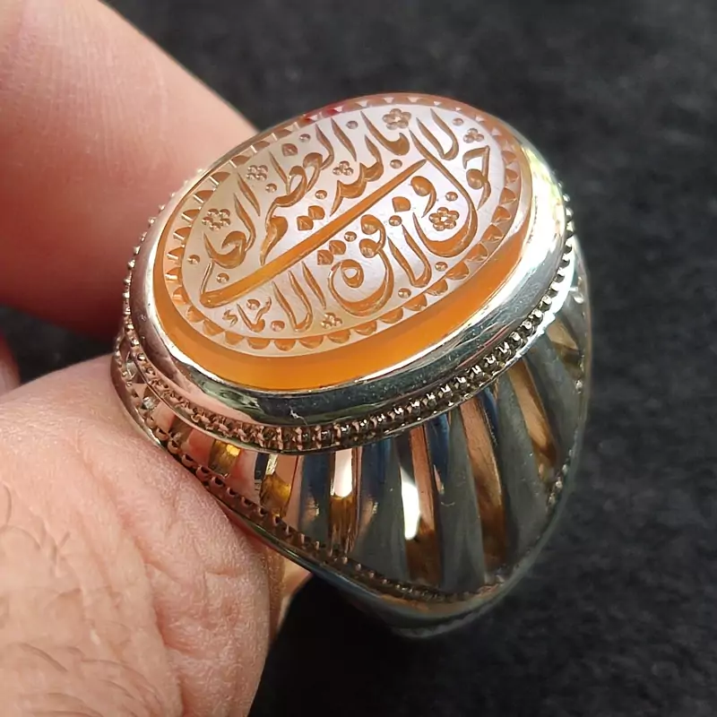 عقیق پرتقالی یمنی با لکه خونه رکاب دستساز ستونی