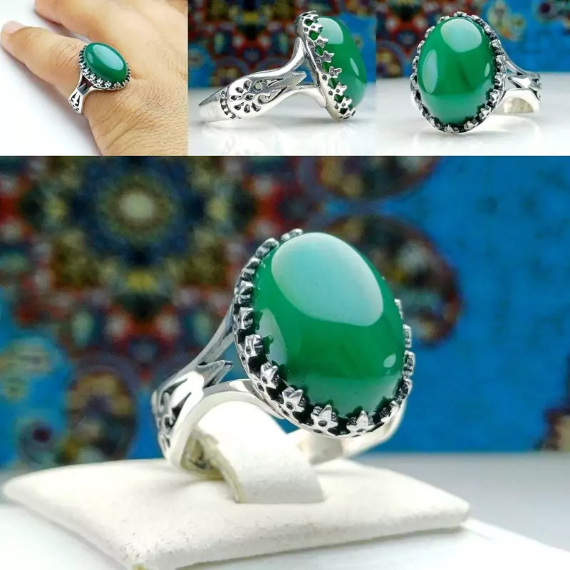 انگشتر مردانه عقیق سبز دامله تراش رکاب نقره چنگی صفوی عیار925ارسال رایگان سایزرایگان