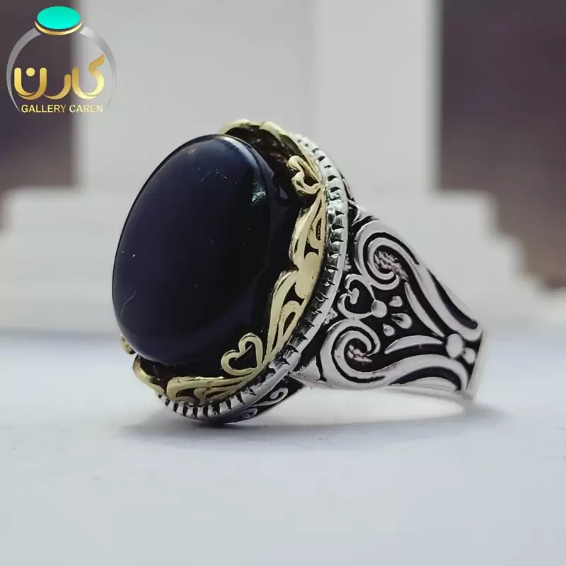 نگین عقیق جزع یمانی اصل و معدنی با رکاب نقره مردانه