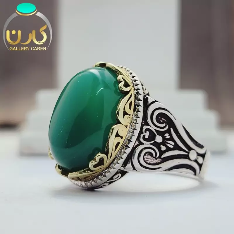 نگین عقیق سبز اصل و معدنی با رکاب نقره زیبد مردانه
