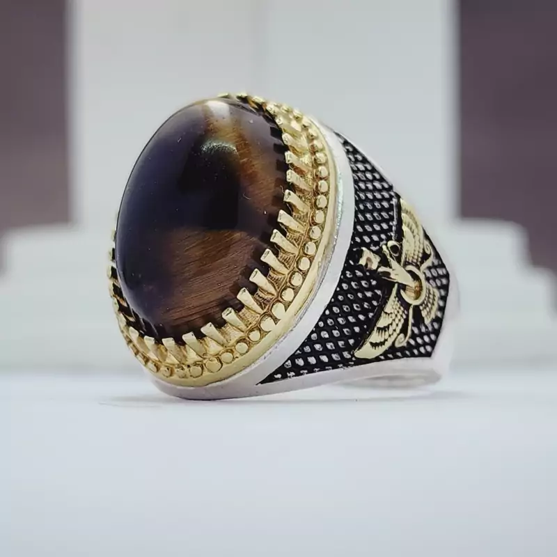 نگین تایگر یا چشم ببر اصل و معدنی با رکاب نقره زیبا مردانه مدل فروهر با تاج طلایی رنگ ثابت