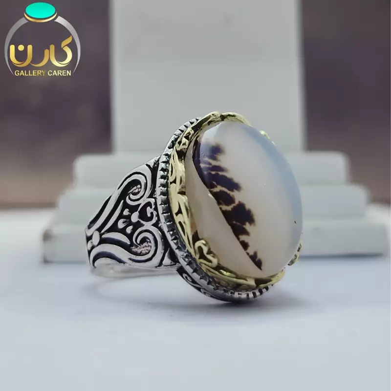 نگین شجر با طرح زیبا اصل و معدنی با رکاب نقره زیبا مردانه