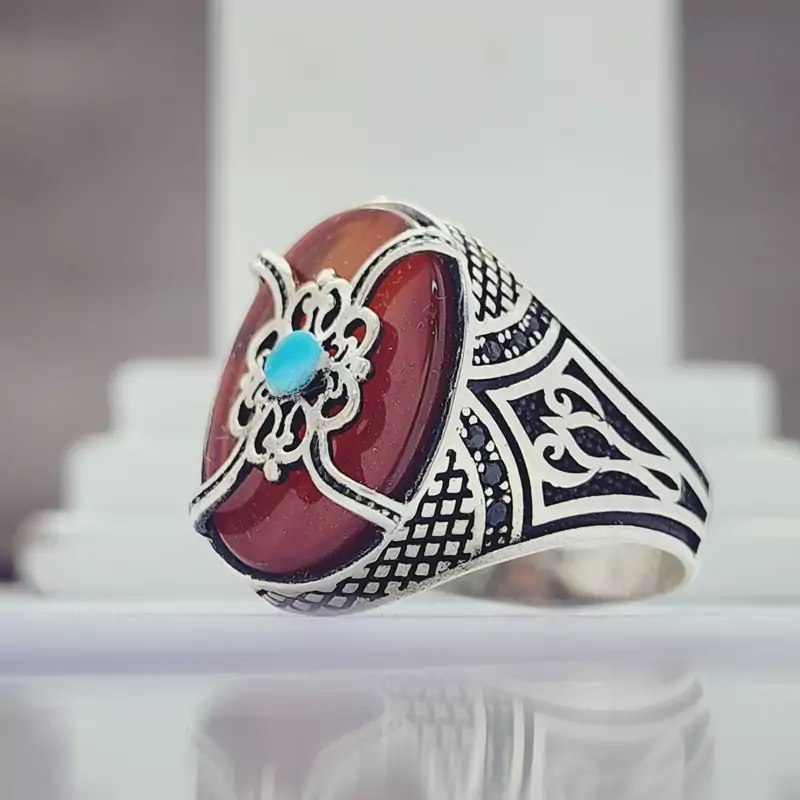 نگین عقیق سرخ  و فیروزه اصل و معدنی با رکاب نقره زیبا مردانه