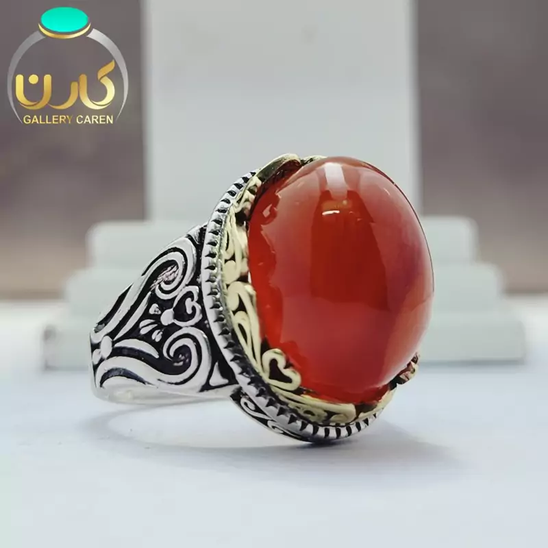 نگین عقیق سرخ اصل و معدنی با رکاب نقره زیبا مردانه
