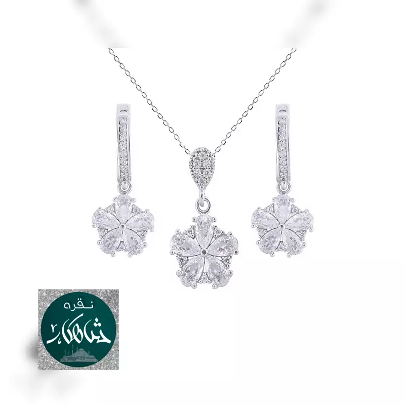 نیم ست نقره شاهکار با زنجیر عیار 925 آبکاری طلاسفید با فاکتور رسمی مدل گل
