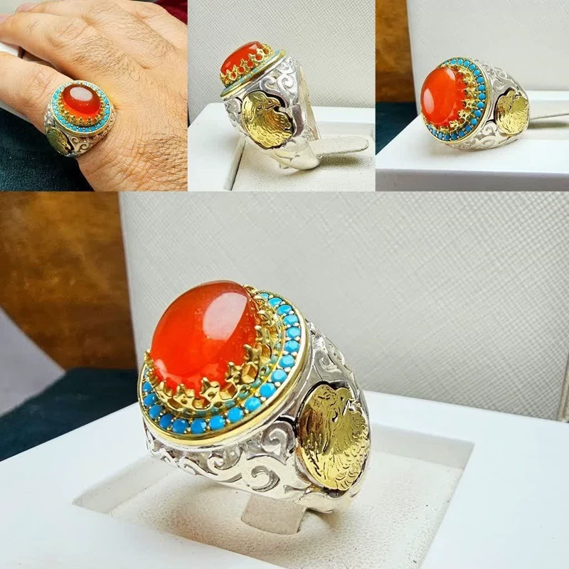 انگشترعقیق یمنی یمن اصلی طرح عقاب رکاب نقره مخراجی چنگ برنجی  نقره عیار 925 ارسال رایگان