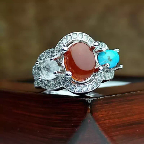 انگشتر سه نگینه عقیق یمن فیروزه در نجف اصلی عیار نقره 925ارسال رایگان