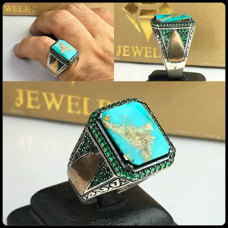 انگشتر زیبای فیروزه نیشابورچهارگوش رکاب اسپرت چنگی مخراجی کاری نگین سبز عیار نقره925ارسال رایگان