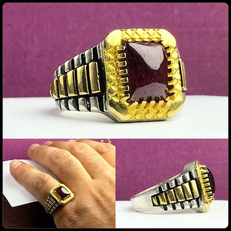 انگشتر گارنت چهارگوش اصلی رکاب رولکسی چنگی عیار نقره 925ارسال رایگان