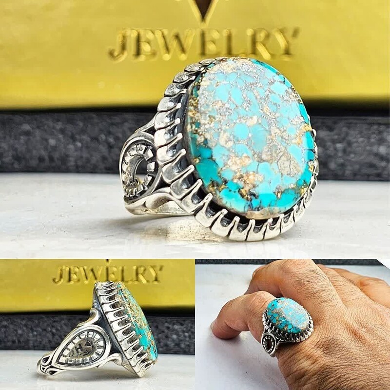 انگشتر فیروزه نیشابور اصلی رکاب صفوی چنگی عیار نقره 925ارسال رایگان