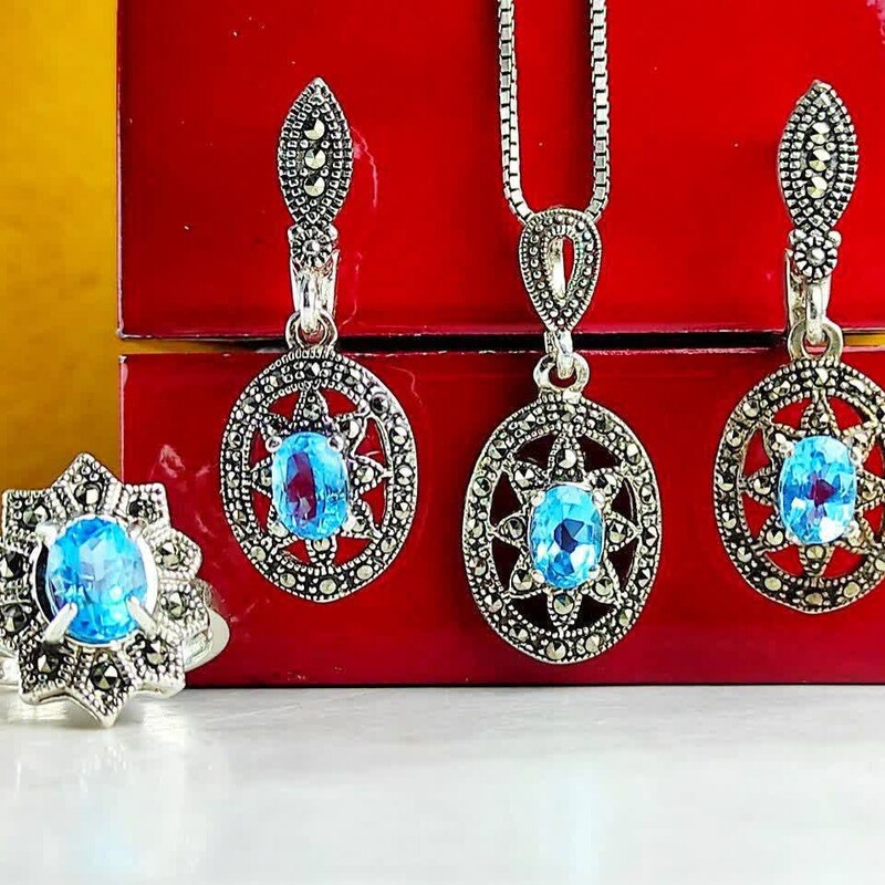 نیم ست توپاز آبی اصلی عیار نقره 925ارسال رایگان