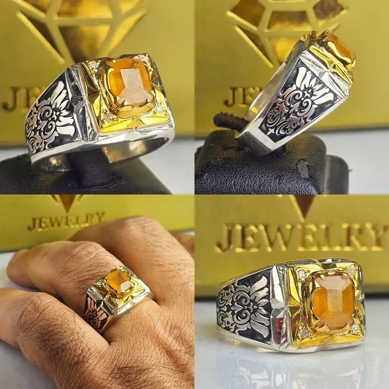 انگشتر یاقوت زرد اصلی مخراج برلیان اصلی  نقره عیار 925 ارسال رایگان