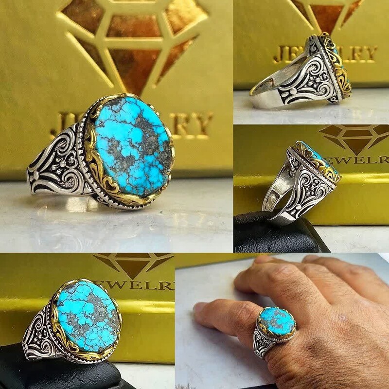 انگشتر فیروزه رکاب نقره چنگ برنجی نقره عیار 925 ارسال رایگان