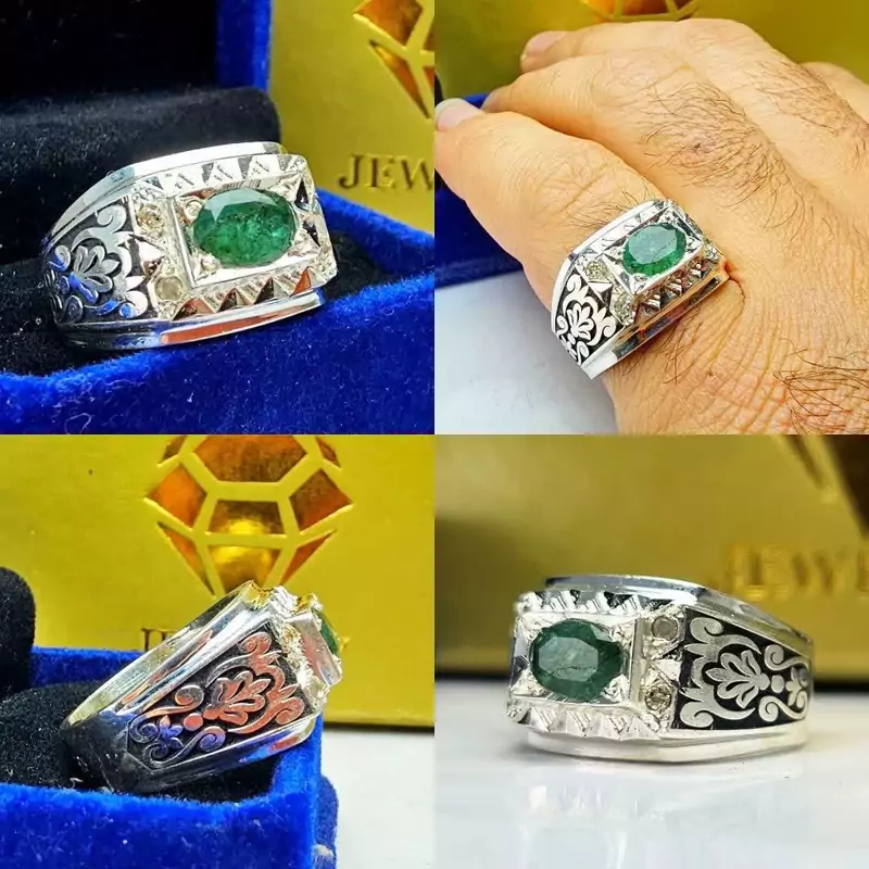 انگشتر زمردزامبیا اصلی مخراج برلیان اصلی رکاب نقره دستساز نقره عیار 925 ارسال رایگان