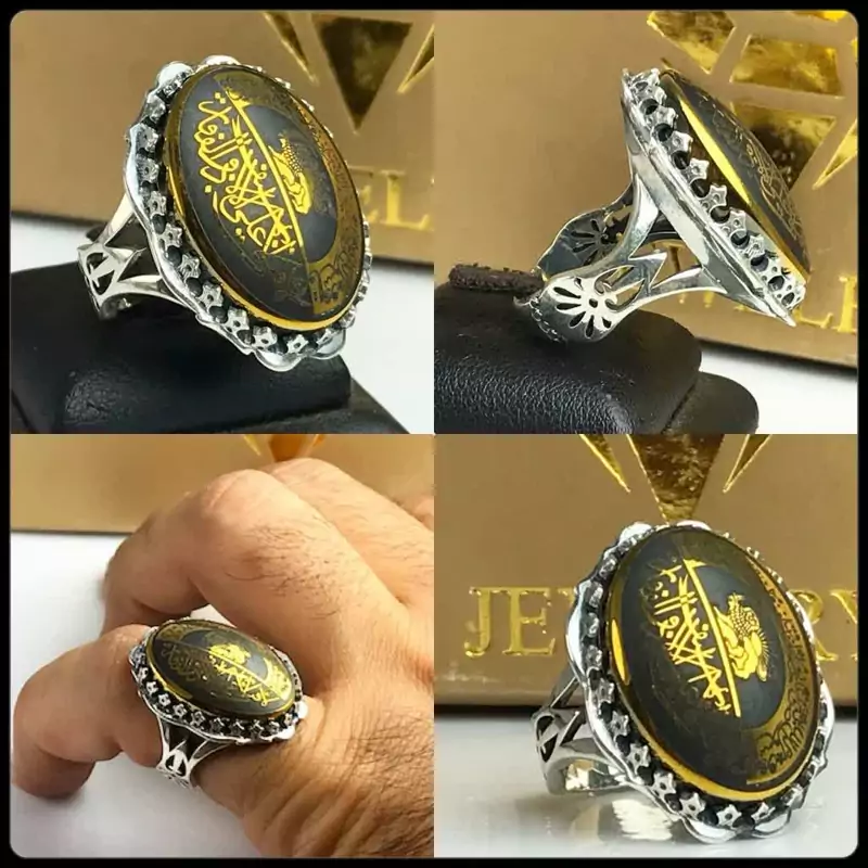 انگشتر حدید خطی لافتی الاعلی  رکاب صفوی چنگی    عیارنقره925ارسال رایگان