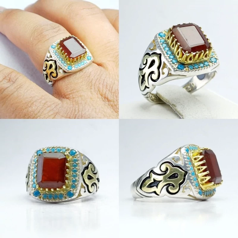 انگشتر گارنت چهارگوش اصلی  رکاب نقره مخراجی نگین ابی نقره عیار 925ارسال رایگان