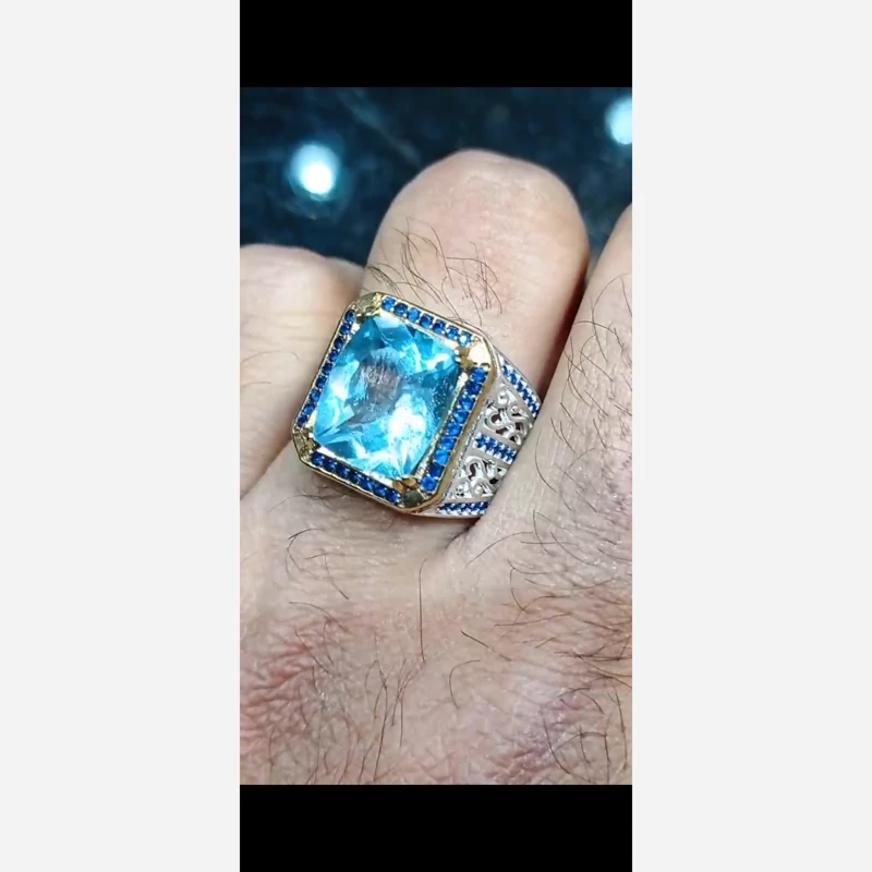 انگشتر توپازآبی سویسی اصلی رکاب نقره چهارگوش مخراجی نگین آبی  نقره عیار 925ارسال رایگان