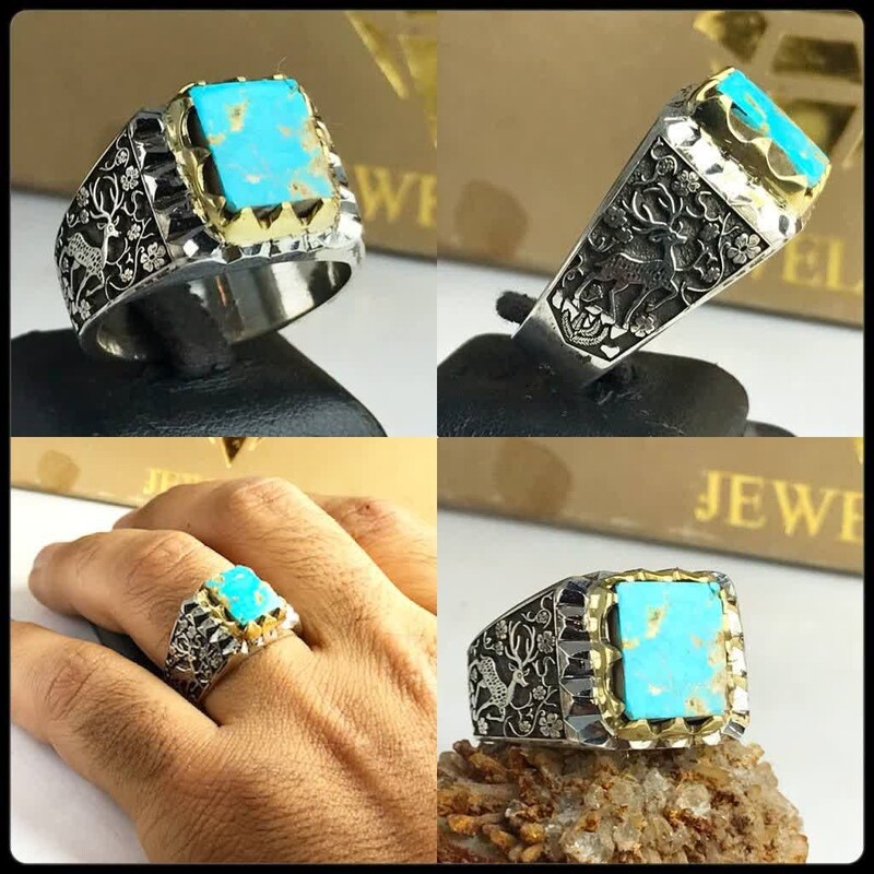 انگشتر فیروزه نیشابور اصلی رکاب دستساز آیینه کاری قلم کاری چنگ برنجی عیار نقره 925ارسال رایگان