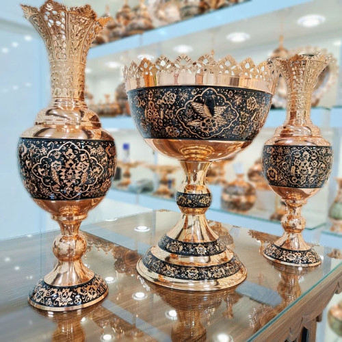 ست سه تیکه سنبلدان و آجیل خوری سایز بزرگ مسی الماس تراش (خرید مستقیم و بدون واسطه از تولیدی)