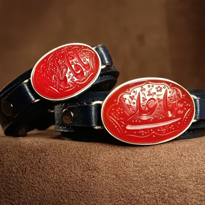 ست دستبند چرمی قاب نقره با ذکر یا علی (ع) و یا فاطمه(س)