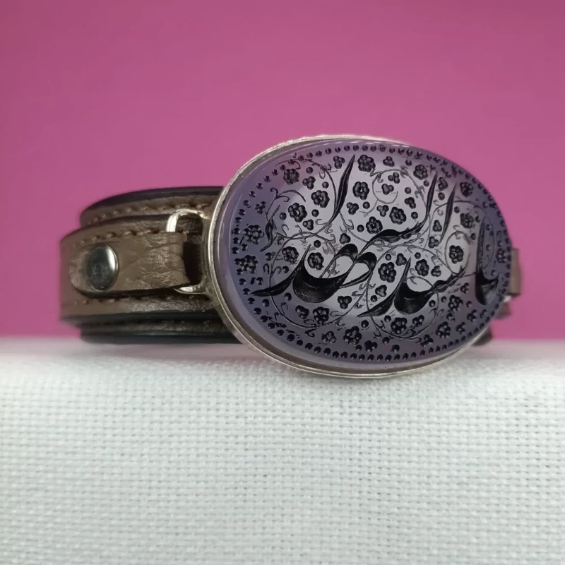 دستبند چرمی قاب نقره عقیق کبود با حکاکی یا سیدالشهداء