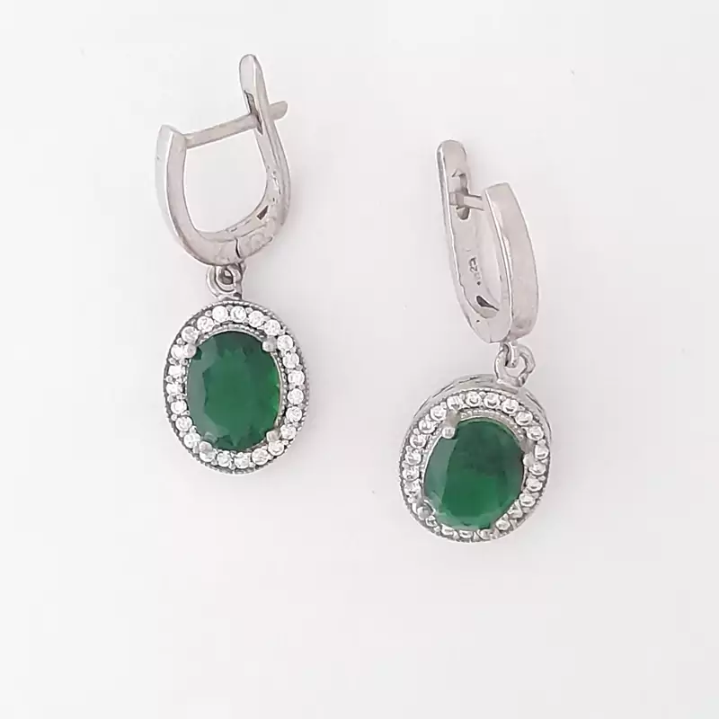 گوشواره نقره 925 عیار وارداتی قفل روکو کلیپسی سنگ طرح یشم