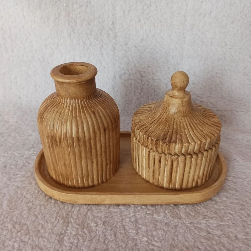 ست اکسسوری سنگی طرح چوب خاص شاپان خورده ، دکوری مراکشی سینی دکوراتیو ، سینی اکسسوری ، سینی بتنی ست گلدان و قندان