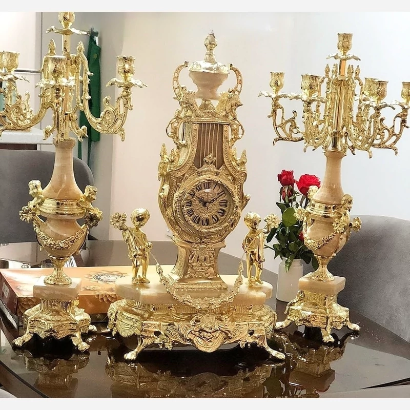 ساعت شمعدان خروسی عقابی برنز سنگ طبیعی آب طلا