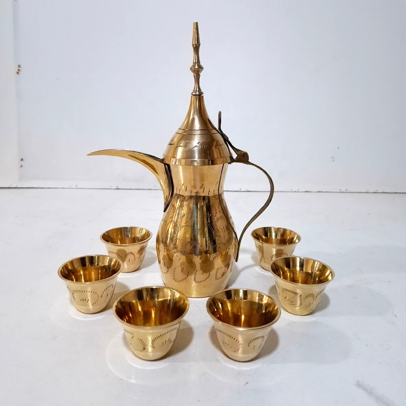 دله عربی دله برنجی هندی با شات برنجی ست 7 عددی دله برنزی قهوه جوش برنزی مناسب استفاده دائم قابل شستشو ظروف پذیرایی