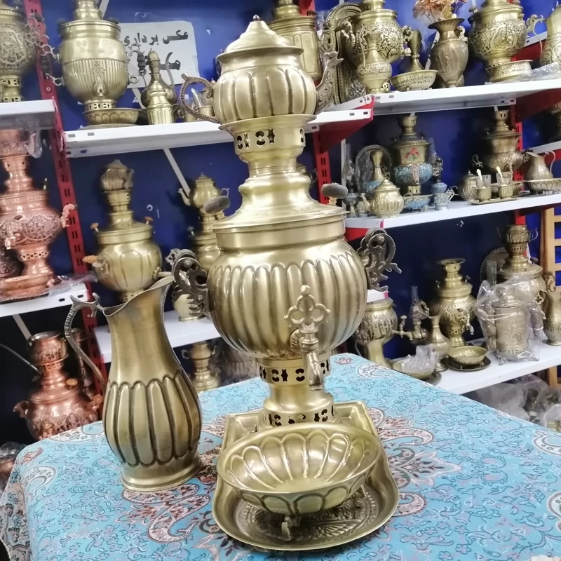 سرویس سماور ذغالی برنجی زغالی آتشی جهیزیه برنز عروس هدیه آنتیک نانو
