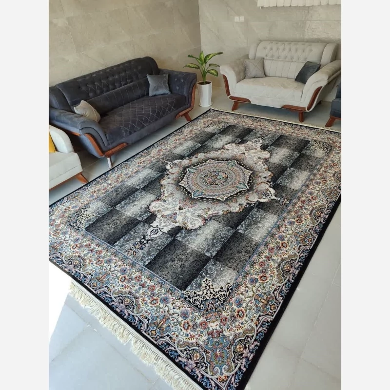 فرش 12 متری نیلوفر مشکی 700شانه تراکم 2100 مشکی نخ ورژن خامه بافان