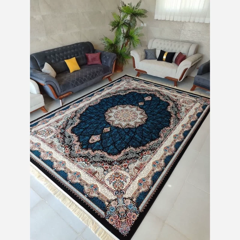 فرش شیدا 9متری 700شانه تراکم 2100 نخ ورژن سرمه ای دور مشکی