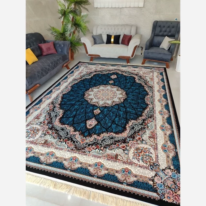 فرش 12 متری شیدا سرمه ای دور مشکی 700شانه تراکم 2100 مشکی نخ ورژن