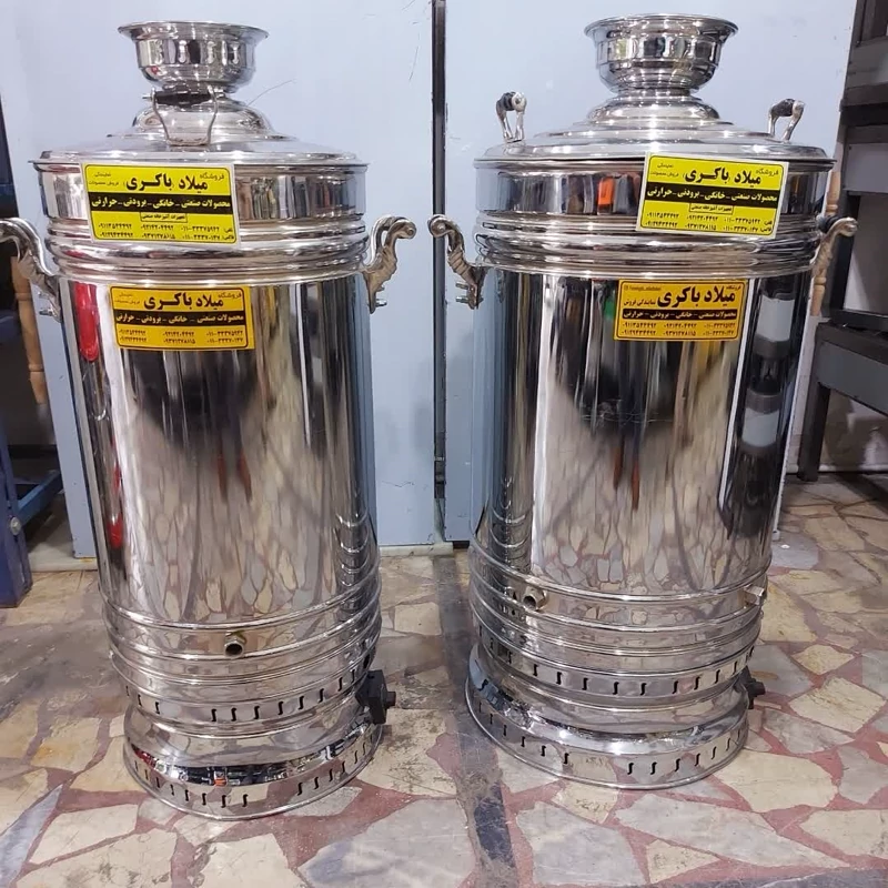 سماور گازی برنجی بزرگ تنوره دار 60 لیتری ورق ضخیم