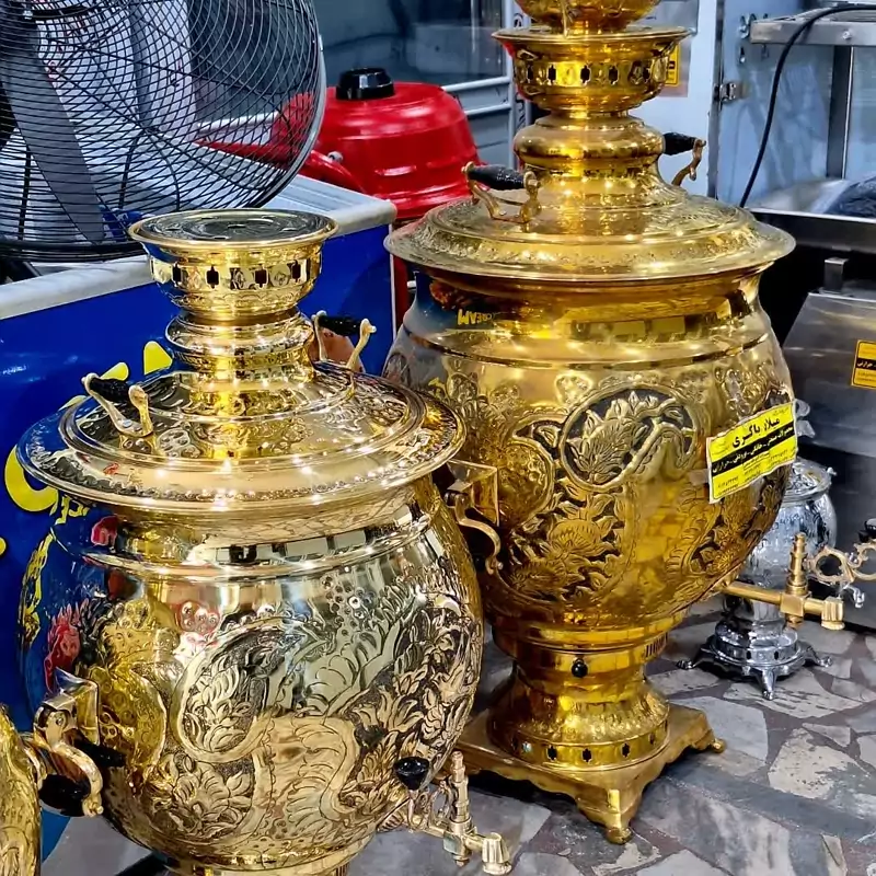 سماور گازی برنجی 30 لیتری طلایی تنوره دار سنتی