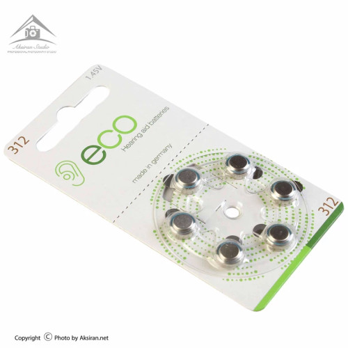 باتری سمعکی شماره 312 برند اکو پلاس (eco plus) با قابلیت ماندگاری طولانی،ساخت آلمان شامل یک ورق 6 عددی (باطری سمعک)