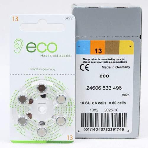 باتری سمعکی شماره 13 برند اکو پلاس (eco plus) شامل یک ورق 6 عددی (باطری سمعک)