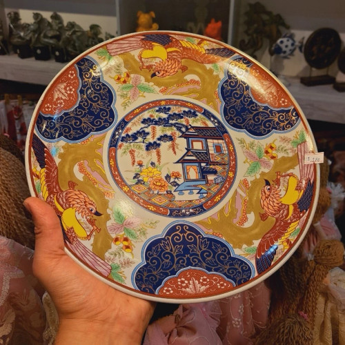 دیوارکوب ژاپن انتیک وارداتی 30سانتی بشقاب دیواری بشقاب چینی قدیمی بشقاب ژاپنی دیوارکوب قلم ابی دیس سیمرغ بشقاب اژدها اصل