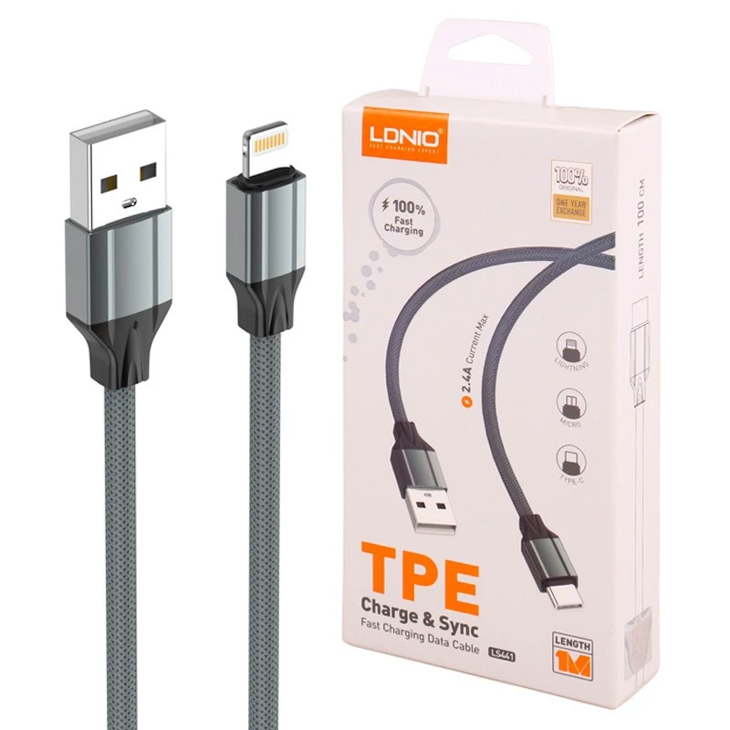 کابل لایتنینگ فست شارژ LDNIO LS441 2.4A 1M،به طول یک متر،با قابلیت انتقال اطلاعات،مقاوم در برابر گره خوردگی و پارگی