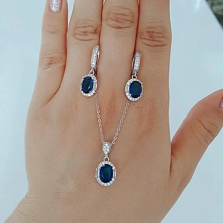نیم ست نقره(بازنجیر) زنانه نگین آبی کبود عیار 925با آبکاری طلا سفید بدون ریزش نگین