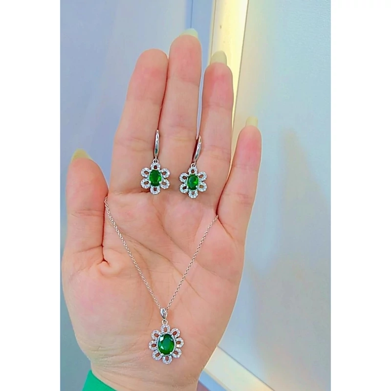 نیم ست نقره زنانه طرح گل نگین رنگی با عیار 925ضد حساسیت و آبکاری طلا سفید