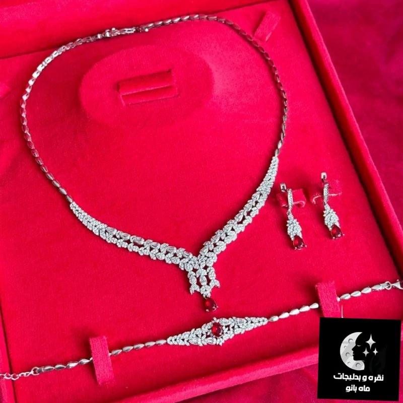 سرویس نقره زنانه پرکار تک نگین یاقوت باعیار 925 و آبکاری طلا سفید
