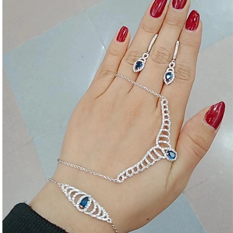 سرویس  نقره زنانه نگین کبود عیار 925با آبکاری طلا سفید  بدون ریزش نگین ضد حساسیت