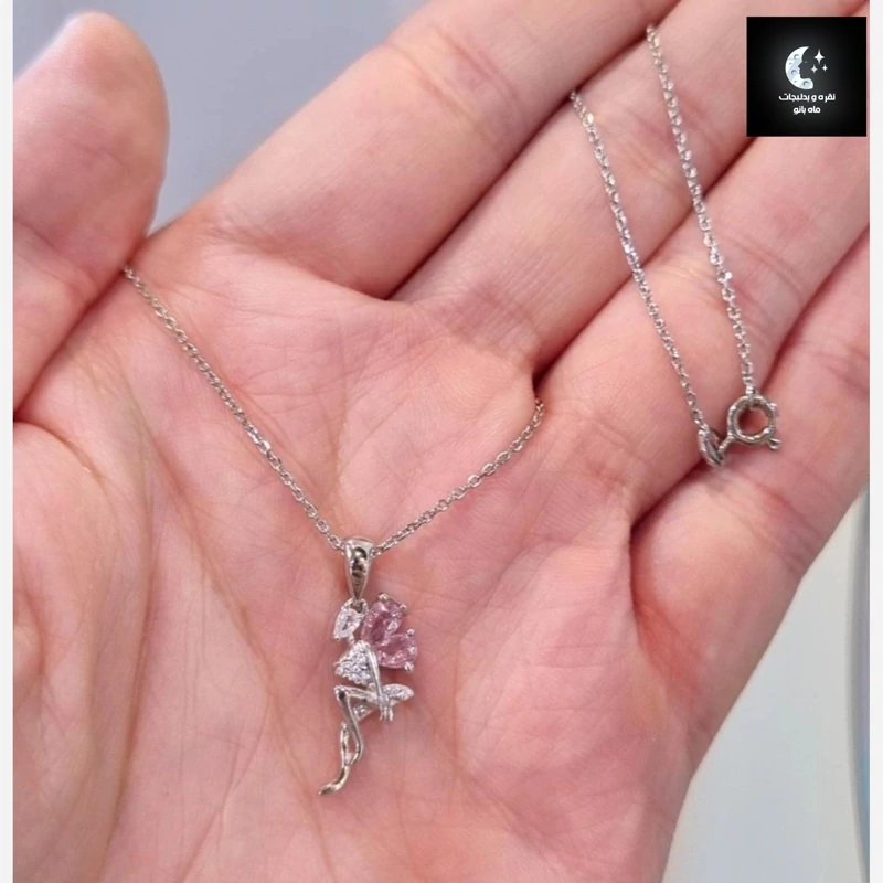 گردنبند نقره زنانه فرشته نگین صورتی عیار925 آبکاری طلا سفید