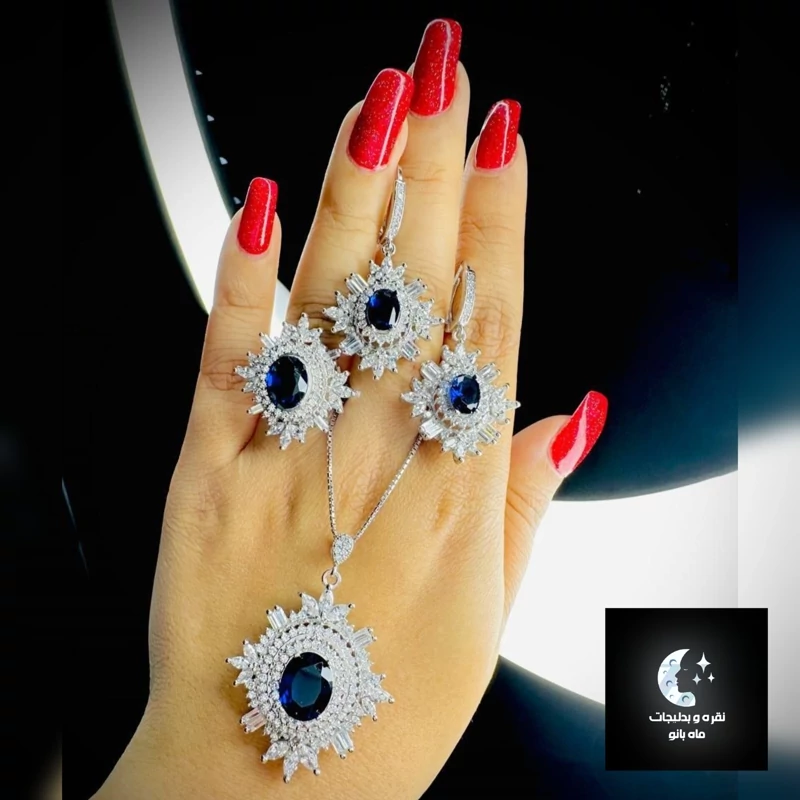 نیم ست نقره زنانه سلطنتی نگین رنگی باعیار 925 و آبکاری طلا سفید