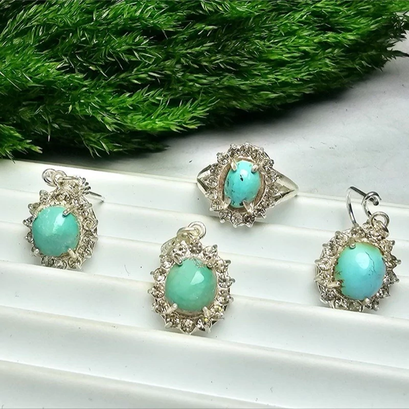 نیم ست نقره زیبای فیروزه نیشابور اصلی معدنی طبیعی شامل توگردنی گوشواره انگشتر