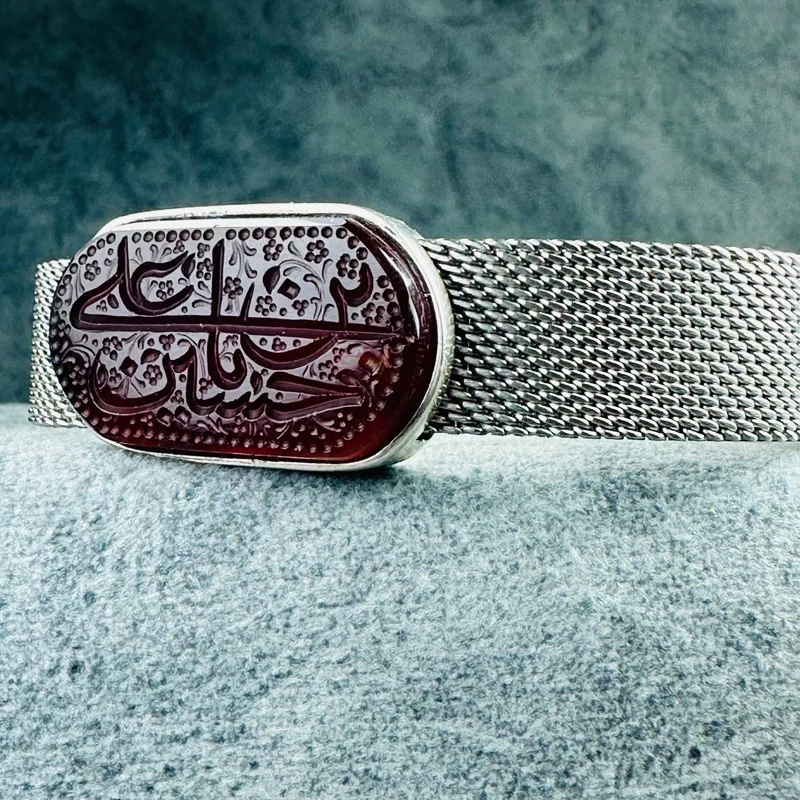 دستبندمردانه عقیق سرخ نقش یاحسین بن علی