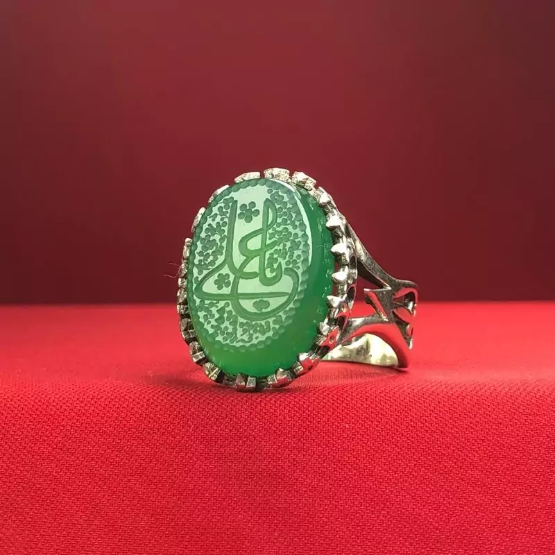 انگشترنقره مردانه حکاکی یاعلی عقیق سبزاصل نقره عیار925