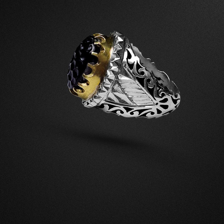 انگشتر نقره مردانه مدل آمیتیست تراش لونه زنبوری رکاب شبکه و آینه کاری