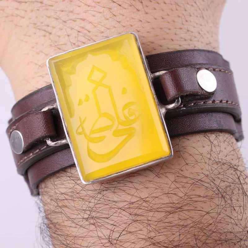 دستبند چرم طبیعی گاوی نقره عقیق اصل نقش علی فاطمه